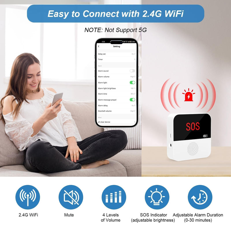 VOCA Wireless Personal Alarms & Pager for Elderly, Emergency Alarm, SOS Button, Panic Alarm, Nurse Call Bell, SOS System for Home/Personal, Caregiver Pager, Seniors, Patients, Disabled, 2.4G WiFi