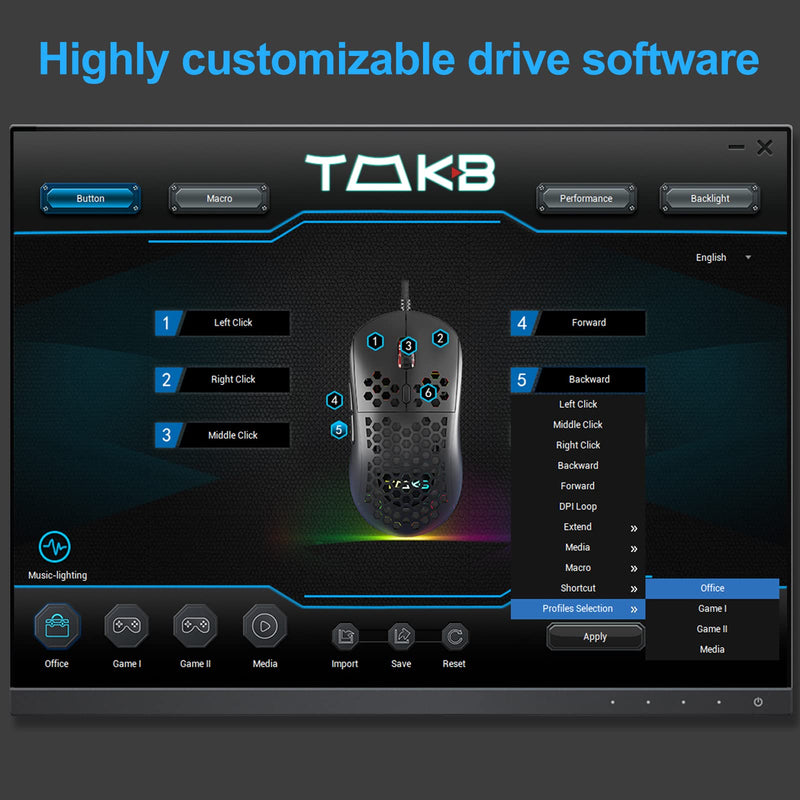 [Australia - AusPower] - TMKB Falcon M1SE Ultralight Honeycomb Gaming Mouse, High-Precision 12800DPI Optical Sensor, 6 Programmable Buttons, Customizable RGB, Drag-Free Paracord, Ergonomic, Wired - Matte White 
