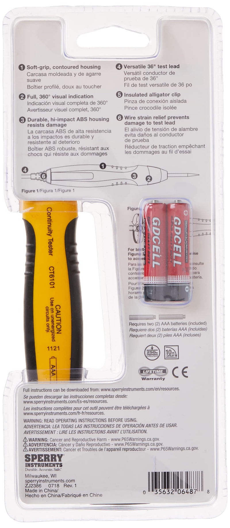 [Australia - AusPower] - Gardner Bender Sperry Instruments CT6101 Heavy Duty Continuity Tester, 2 Range, 36 inch lead, Yellow No Size 2 Function / Non-Energized Continuity Tester 