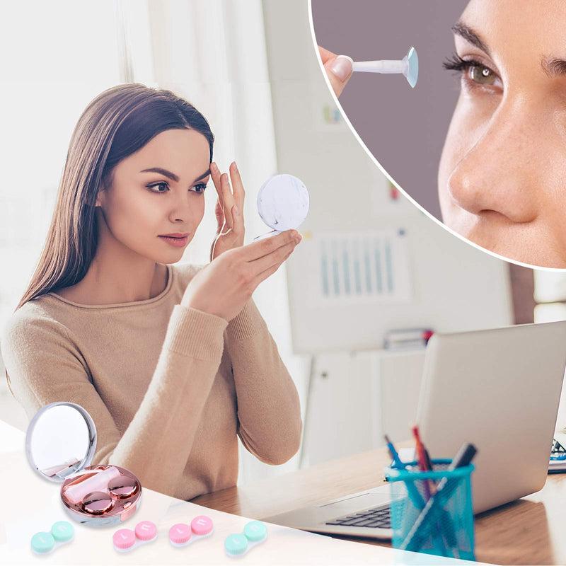 [Australia - AusPower] - Contact Lens Case，Portable Travel Contact Lens Box with Mirror Tweezers Remover Tool Solution Bottle for Travel & Home D-Rose Gold 