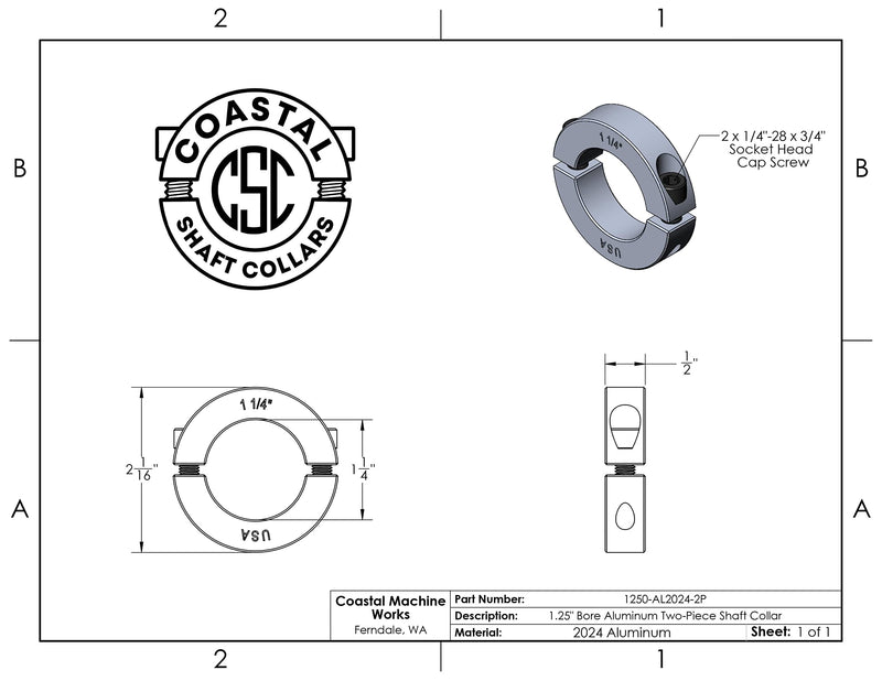 [Australia - AusPower] - 1.25" Bore Diameter - Clamping Two Piece Shaft Collar - 2024 Aluminum (4 Pack) 1.25" Bore 4 