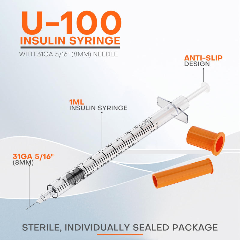 [Australia - AusPower] - Insulin Syringe U-100 | 1cc with 31G 5/16" (8mm) Needle, Pack of 100 31G-8MM-100PCS 100.0 