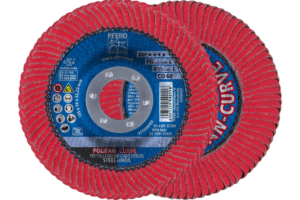 PFERD POLIFAN®-Curve Radial Type Flap Disc - 4-1/2" x 7/8", 60 Grit Ceramic Oxide, Welding Accessory and Angle Grinder Attachment - For Steel and Stainless Steel (INOX) Grinding - Pack of 1 - Part 67381 4-1/2" x 7/8" Large Centre hole Ceramic 60