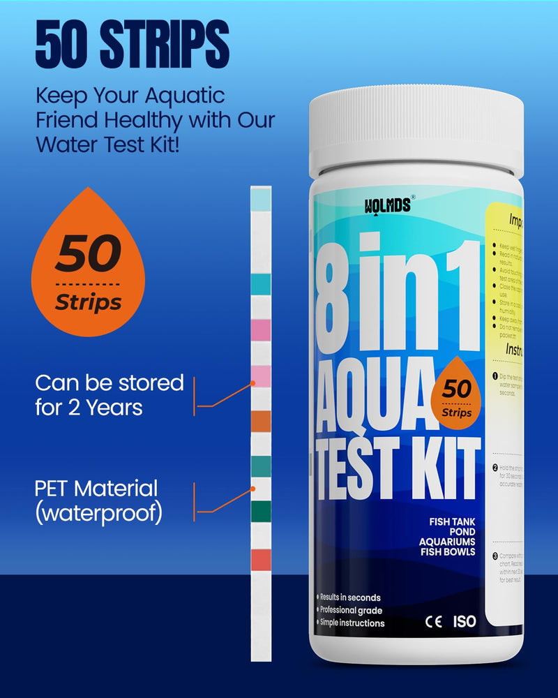 Aquarium Test Strips - 8-in-1 Aquarium Water Test Kit: Fish Tank Testing Kit for Freshwater & Saltwater, 50 Strips,Fast & Accurate Ammonia, pH, Hardness, & More， Lead Water Test Kit for Ponds W-8