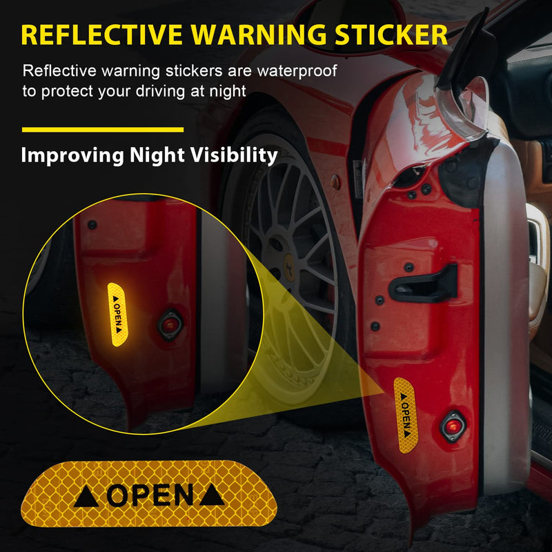 4PCS Car Door Open Prompt Anti-Collision Reflective Stickers, Car Tape Conspicuity Safety Caution Warning Sticker for Car Truck SUV(Yellow) Yellow