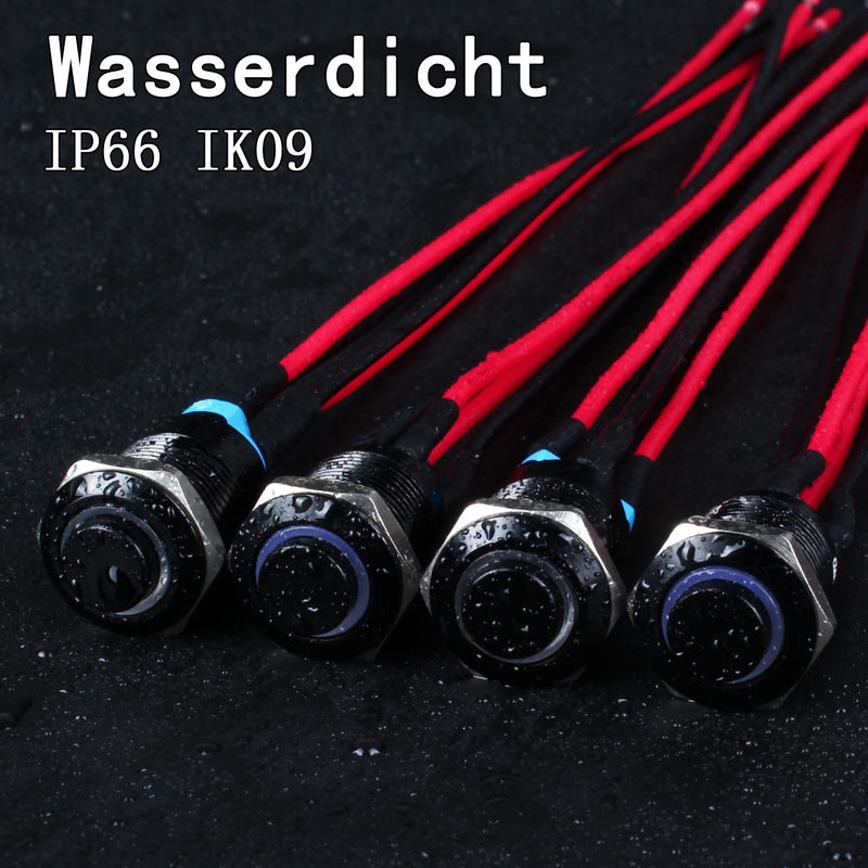 [Australia - AusPower] - JIQI 2 x 12 mm Locking Pressure Switch 12 V to 24 V 2 A Waterproof Self-Holding Black Push Button Switch Made of Metal LED Illuminated Latch On/Off Switch with IP66 1NO for Motorcycle (High Head, Rastend Red Ring 
