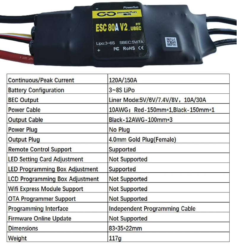 Powerfun 80A ESC 3S~6S LiPo Brushless Motor Speed Controller XT60 Connector BEC 5V 7A ESC for RC Plane Drone Car Airplane Overheat Protection ESC 80A(3~6S) SBEC 5V/7A