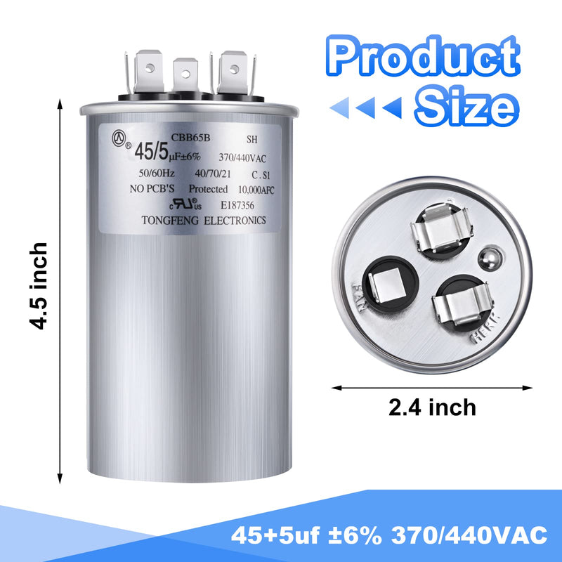 [Australia - AusPower] - Frienda 45+5 MFD 45/5 uf ±6% 370V or 440V VAC Dual Run Round Capacitor, 45 5 Start Capacitor for AC Air Conditioning Unit, Condenser Straight Cool or Heat Pump (1 Pcs) 1 