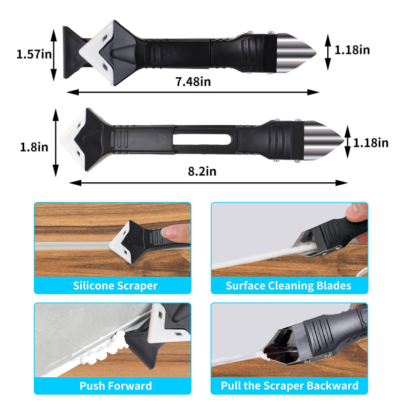 [Australia - AusPower] - 11Pcs-3in1 Silicone Caulking Tools(Stainless Steelhead)Grout Removal Tool & Grout Remove Scraper,5 Silicone Replaceable Pads,4 Glass Glue Angle Scraper, Caulk Remover for Kitchen/Bathroom/Window/Joint 