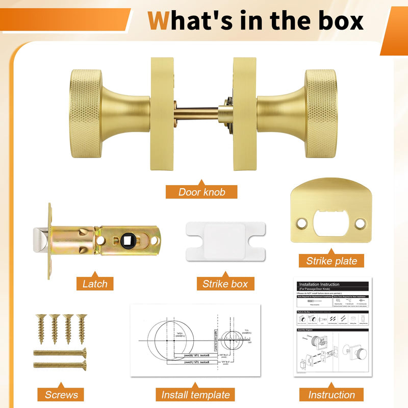 Probrico Gold Door Knobs Interior, Brushed Brass Passage Door Knob for Hallway Closet, Square Closet Door Knob with Round Knob, 1 Pack Brushed Gold