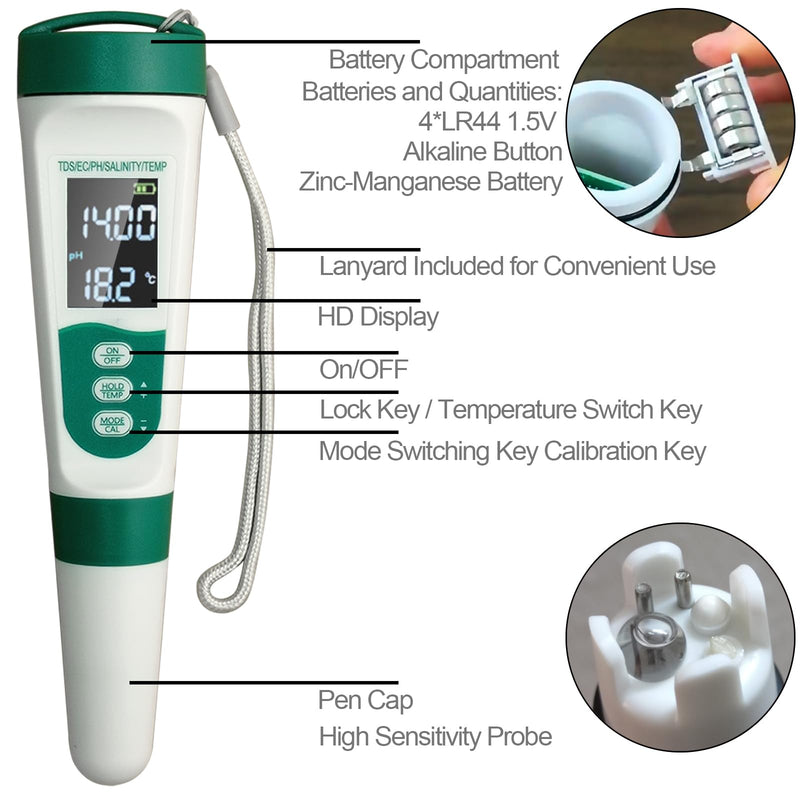 [Australia - AusPower] - Display PH Meter Watter Tester 5 in 1, Functions: PH,TDS,EC,Salt,Temp, IPX5 Waterproof, High Accuracy With 3 Calibration Powders, for Saltwater Pool, Hot Tubs, SPAs, Aquarium, Hydroponics System 
