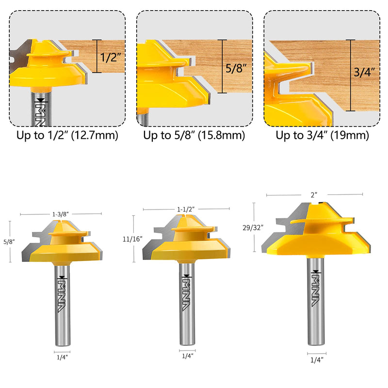 [Australia - AusPower] - MNA 45 Degree Lock Miter Router Bit 3-piece Set, for 1/2”, 5/8”, 3/4” cutting height, 1/4 Inch Shank. Easy to Create Lock Miter Joint 