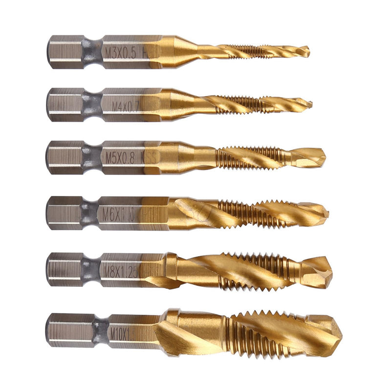 MAGT Tap Set, 6 Pieces Metric Thread M3-M10 Tap Cutter Set Titanium Coated HSS Drill Bits Set 1/4 Inch Hex Shank