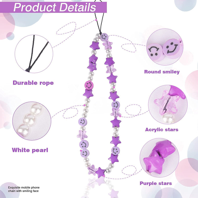 [Australia - AusPower] - Phone Charm Lanyard, 1Pcs Smiley Face Beaded Phone Charm Strap Colorful Star Smiley Soft Ceramic Keychain for Women Girls Purple 