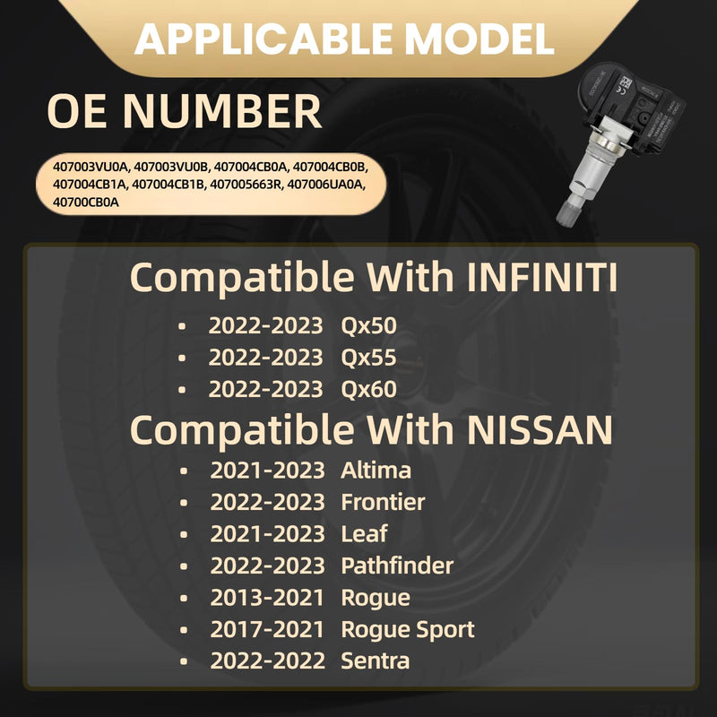 Tire Pressure Monitoring System Sensor (TPMS) Compatible with Sentra Rogue Sport Qx50 55 407003VU0A 407003VU0B 407004CB0A 407004CB0B 407004CB1A 407004CB1B 407005663R 407006UA0A 40700CB0A 433 Mhz 4-pc