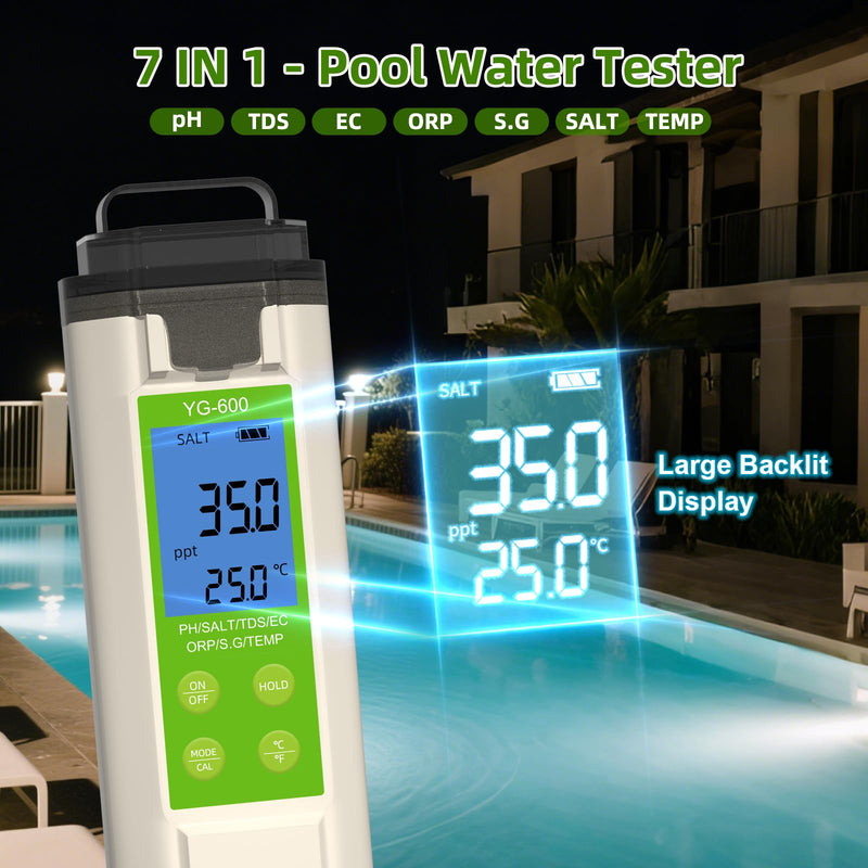 [Australia - AusPower] - 7 in 1 Pool Salt Tester, Digital Salinity & pH ORP Meter for Saltwater Pools, Hot Tubs, Spas, Aquariums, Sodium Chloride Water Quality Monitor 