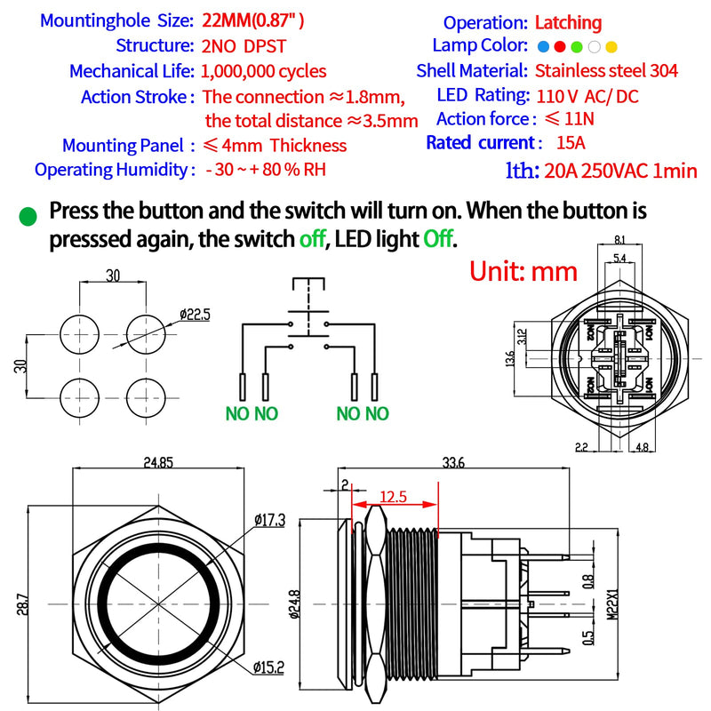 [Australia - AusPower] - 22mm Push Button Switch 15A 110V/120v Latching 2NO DPST Angel Eye LED Stainless Steel Round Self-Locking 7/8'' with Wire Socket Blue Latching 120V 