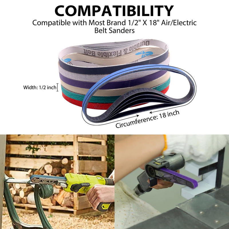 [Australia - AusPower] - 45Pcs 1/2" x 18" Sanding Belts for Belt Sander,5 Each of 80/120/240/400/600/800/1000/2500/5000 Grits,1/2 Inch x 18 Inch Sanding Belts Set for Air Belt Sander, Woodworking, Metal Polishing, Derusting 