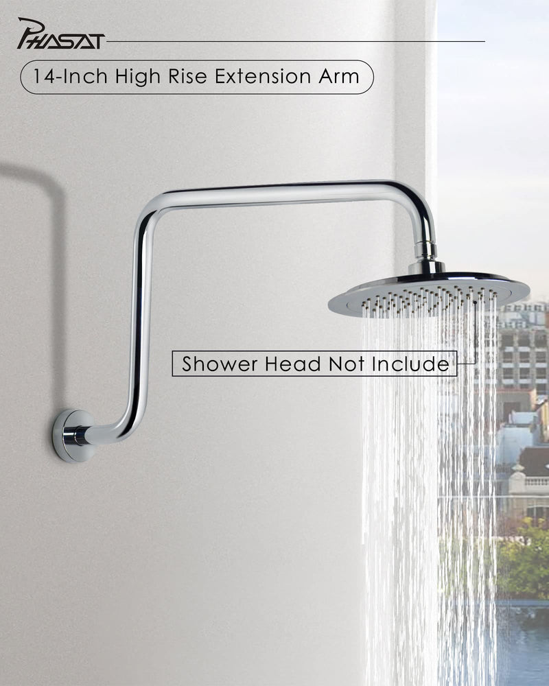 PHASAT S Shaped Shower Arm with Flange,High Rise Shower Head Extension Arm Chrome,PU9D02 Round-Standard