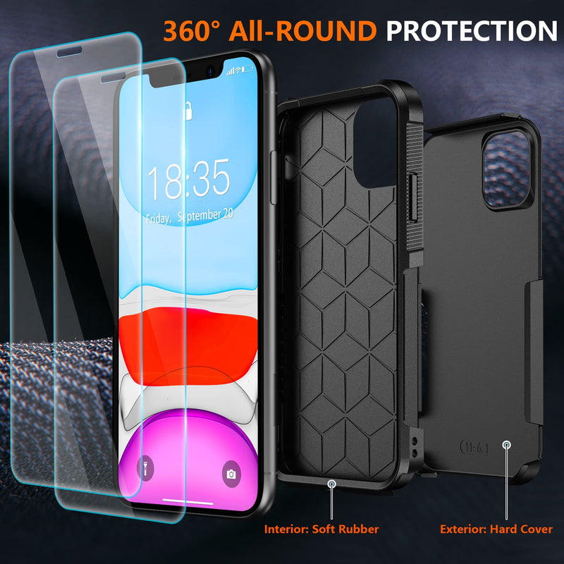 [Australia - AusPower] - SPIDERCASE Shockproof for iPhone 11 Case,[10 FT Military Grade Drop Protection],with 2 pcs[Tempered Glass Screen Protector+Camera Lens Protector] Heavy Duty Full-Body Protective Phone Case, Black 