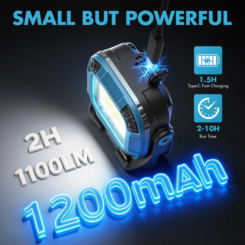 2 Pack Rechargeable Work Light, 1100LM Magnetic Light with Strong Magnet & Hook, IP65 Waterproof, 2.8oz Portable LED Work Light for Car Repair, Job Site Lighting, Emergency(Blue) 2 Pack Blue