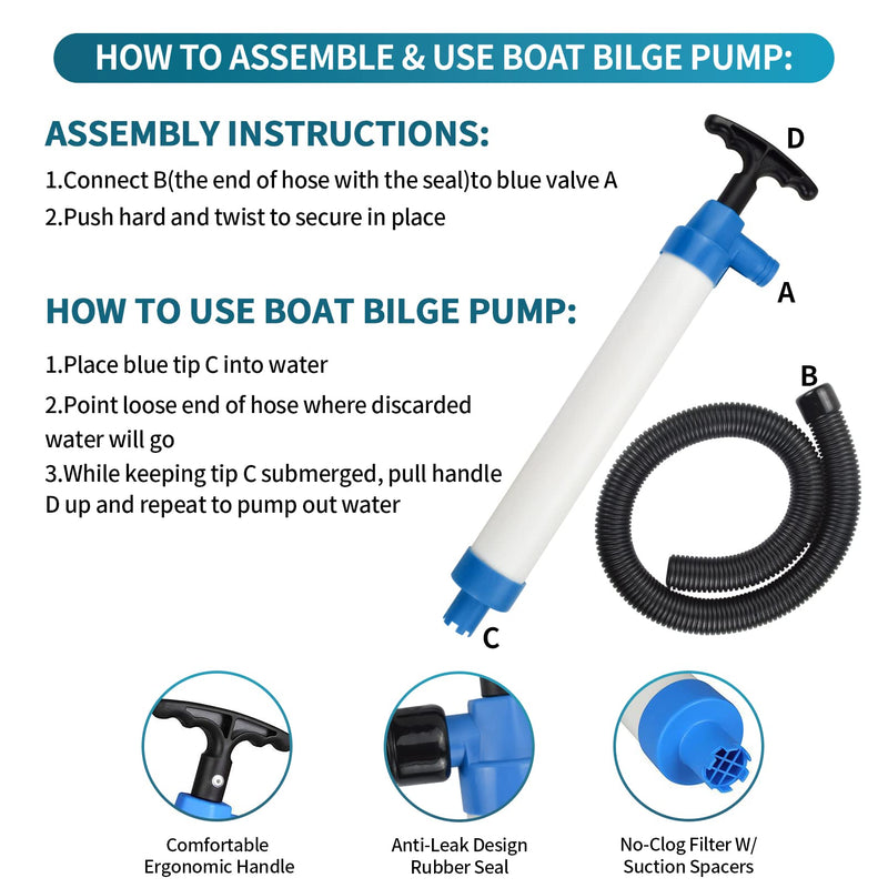 Hand Bilge Pump Manual Hand Water Pump for Kayaks Canoes and Boats Emergency Hand-Operated Marine Bilge Pump with Reversible Hose White+blue