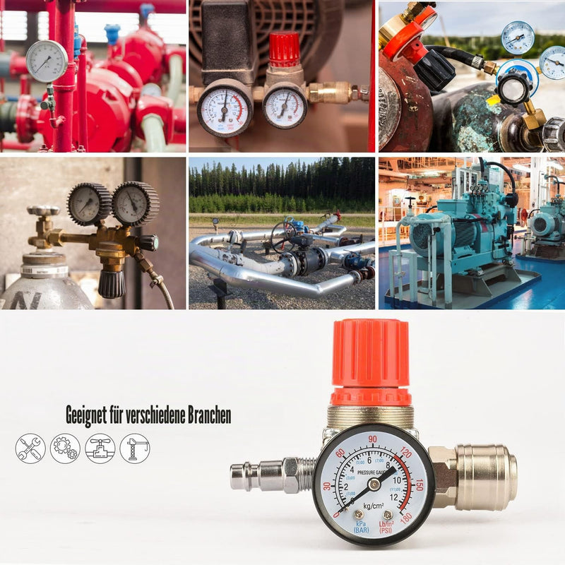 1/4 Inch Compressed Air Pressure Regulator, EU Standard, 4 Holes, with Pressure Gauge and Teflon Tape