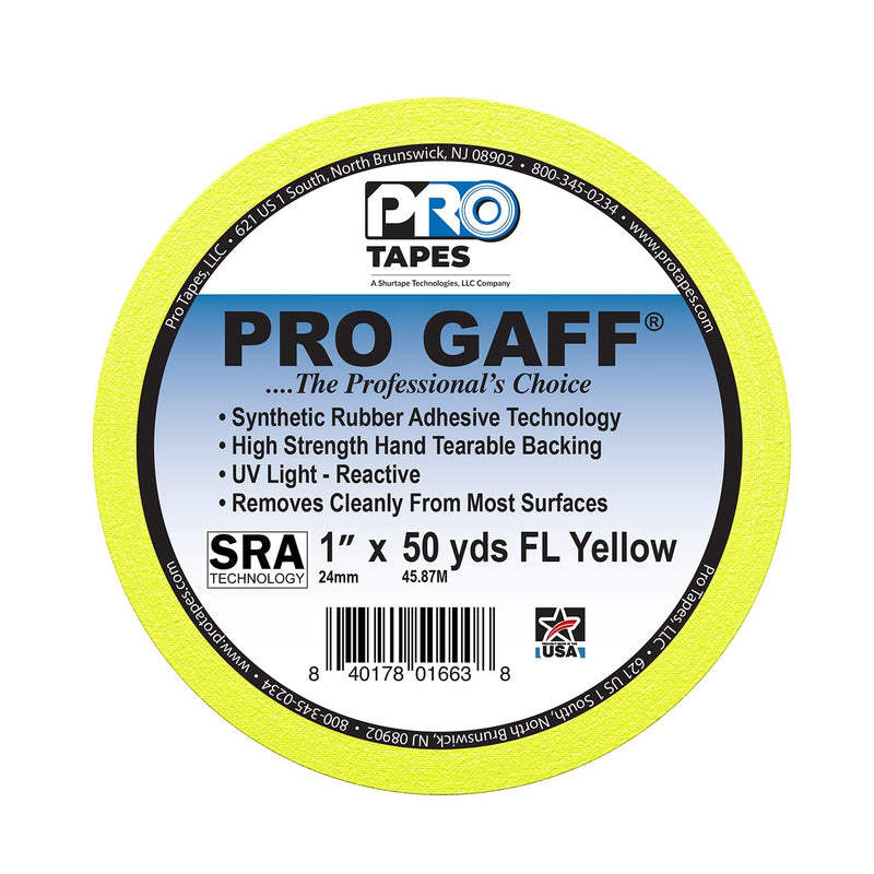 1" Width ProTapes Pro Gaff Premium Matte Cloth Gaffer's Tape With Rubber Adhesive, 50 yds Length x, Fluorescent Yellow (Pack of 1)
