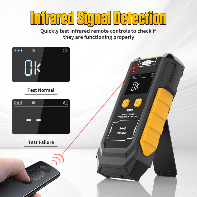 Remote Key Frequency Tester for RF or Infrared Signal Testing;3-in-1 Key Frequency Detection & Button Battery Voltage Check; 315/433/868/902MHz RF & Infrared Signal Detection.