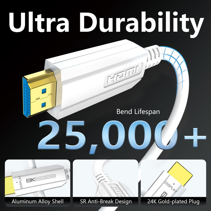 Fiber Optic HDMI Cable 50FT, 8K Long HDMI 2.1 Cable, 48Gbps White HDMI Cable 8K@60Hz 4K@120Hz, Dynamic HDR, eARC, HDCP 2.2&2.3, 3D, for Laptop, PC, Monitor, PS5, PS4, Xbox, HDTV, Projector