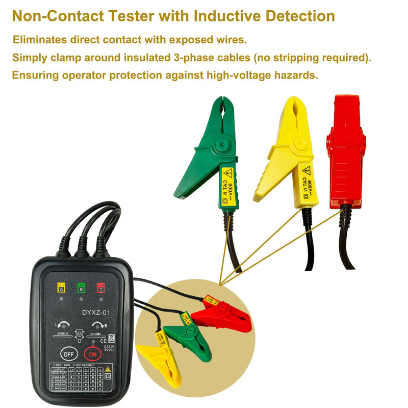 [Australia - AusPower] - Non-Contact 3 Phase Rotation Meter | Motor Rotation Tester for AC 70V-600V | Phase Sequence, Live Wire & Circuit Break Detector | Auto Power-Off, 20" Clamps | Professional Electrician Tool Kit 