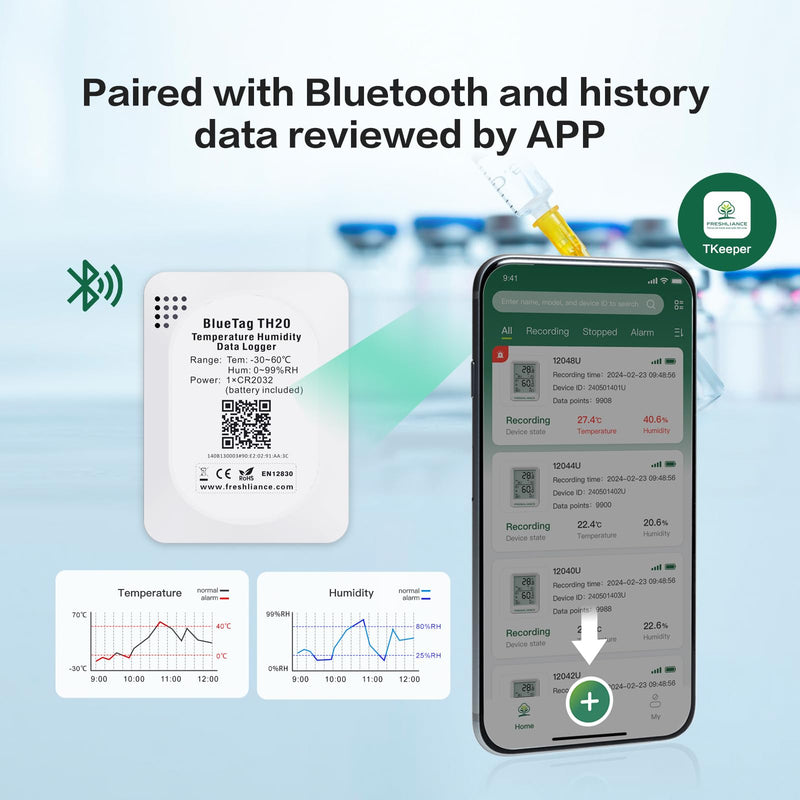 [Australia - AusPower] - Bluetooth Temperature Humidity Data Logger Recorder, Refrigerator Freezer Thermometer Hygrometer, Digital Remotely Temperature Humidity Monitor with Smart APP Data Analysis, BlueTag TH20 1 PACK 