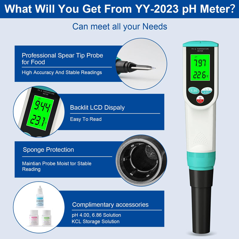 Food pH Meter, Digital Waterproof pH Tester with High Accuracy pH/Temperature Probe, Ideal for Sourdough, Cheese, Solid Samples, and Liquid Foods, 0.01 Resolution