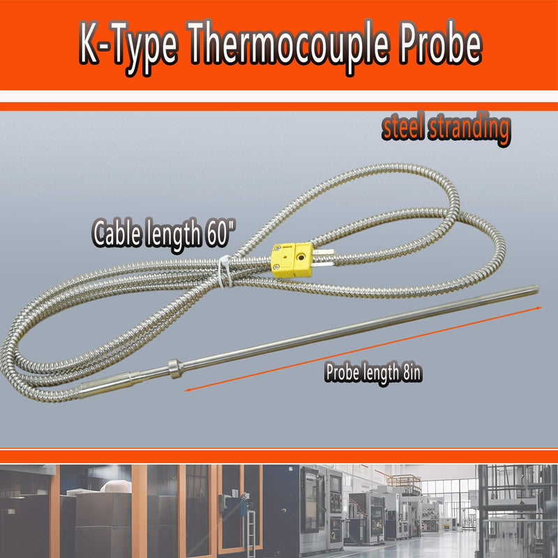 [Australia - AusPower] - TL3162K K-Type Thermocouple Probe Round Probe 8“-0.2” Measurement Range 40°F-750°F Cable 60" 