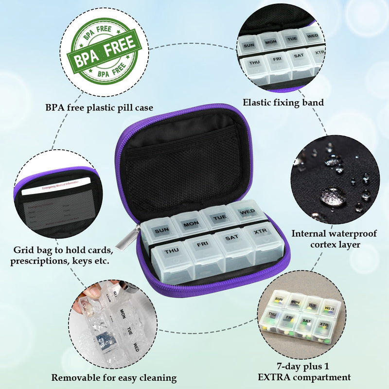[Australia - AusPower] - Serfeymi Weekly Travel Pill Organizer Pill Case for Purse with Removable 7 Day Pill Box, Fashionable Travel Medicine Organizer Pill Container for Medicine, Vitamin, Supplement - Green 01 + Purple 01 2 Cases + 2 Boxes C. Green 01 + Purple 01 