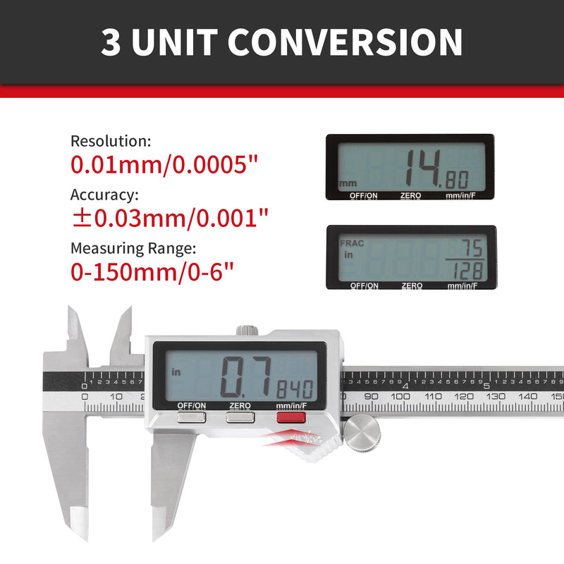 8 Inch/ 200mm IP54 Grade Stainless Steel Digital Caliper & Stainless Steel Rule, Inch/Millimeter/Fraction Conversion, Large LCD Screen IP54 8"