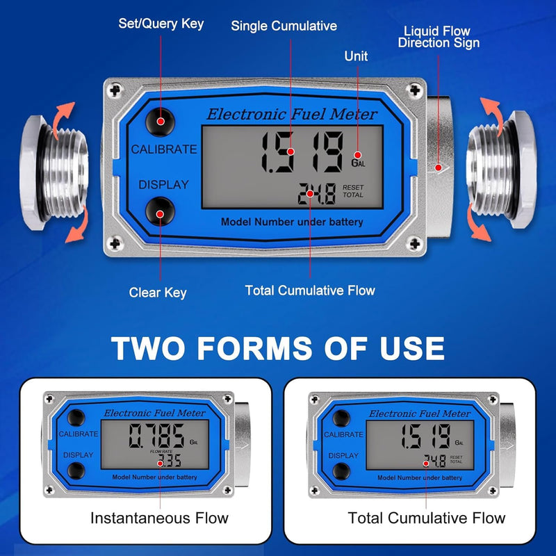 [Australia - AusPower] - Flow Meter 3/4 Inche Digital Turbine Fuel Meter - Flowmeter Auto On & Off Industry Grade Aluminum Alloy - for Water, Diesel, Gasoline Supports Gallon, QTS, PTS, L, m³ (3/4 inch) 3/4 inch 