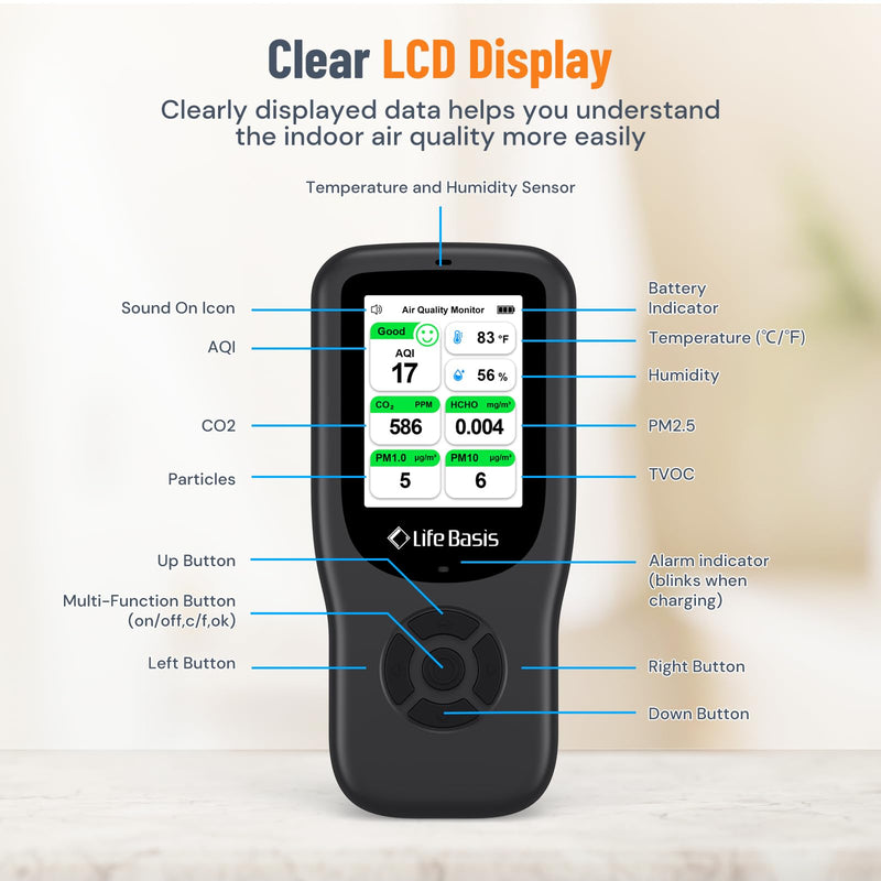 [Australia - AusPower] - LifeBasis Air Quality Monitor Indoor, 11-in-1 Air Quality Detector with Stand, Real-Time Air Meter Test AQI, PM1.0, PM2.5, PM10, CO2, TVOC, HCHO, Particles, Temperature and Humidity, Dual Alert -Black 