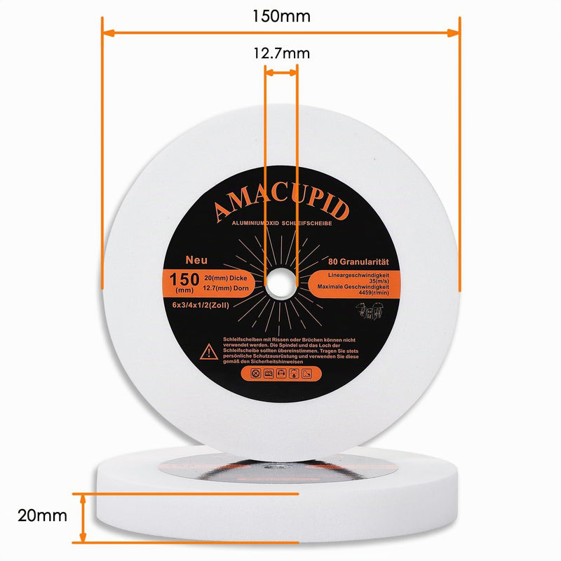 Sanding Discs for Table Stand Grinding Machines.White Aluminum Oxide Abrasive.For Grinding Hardened and High Carbon Steel.150mm Diameter.12.7mm Bore