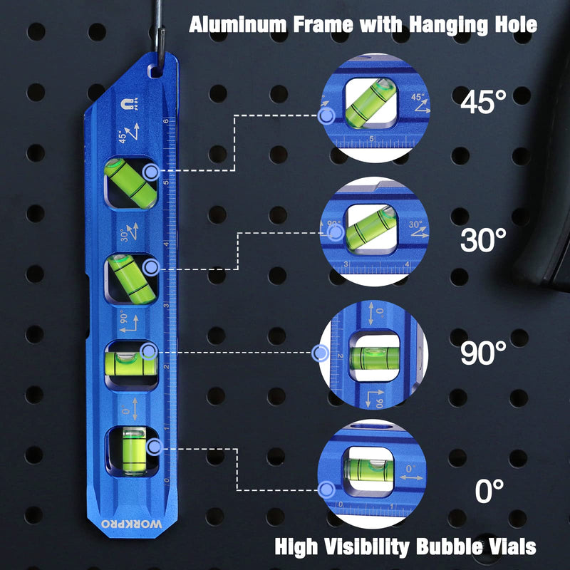 WORKPRO 8-Inch Magnetic Torpedo Level, Aluminum Alloy Construction, 4 Bubble Vials for 0°/90°/45°/30° Measurements, Cobalt Blue