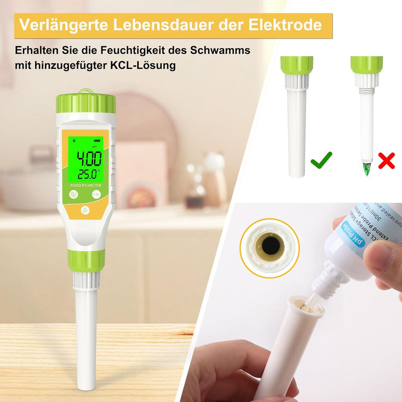 Digital pH Meter for Food Fermentation and Canning, Smart Food pH Tester with High Accuracy Spear Probe for Sourdough, Salsa and Hot Sauces, pH Test Pen with ATC for Solid and Liquid