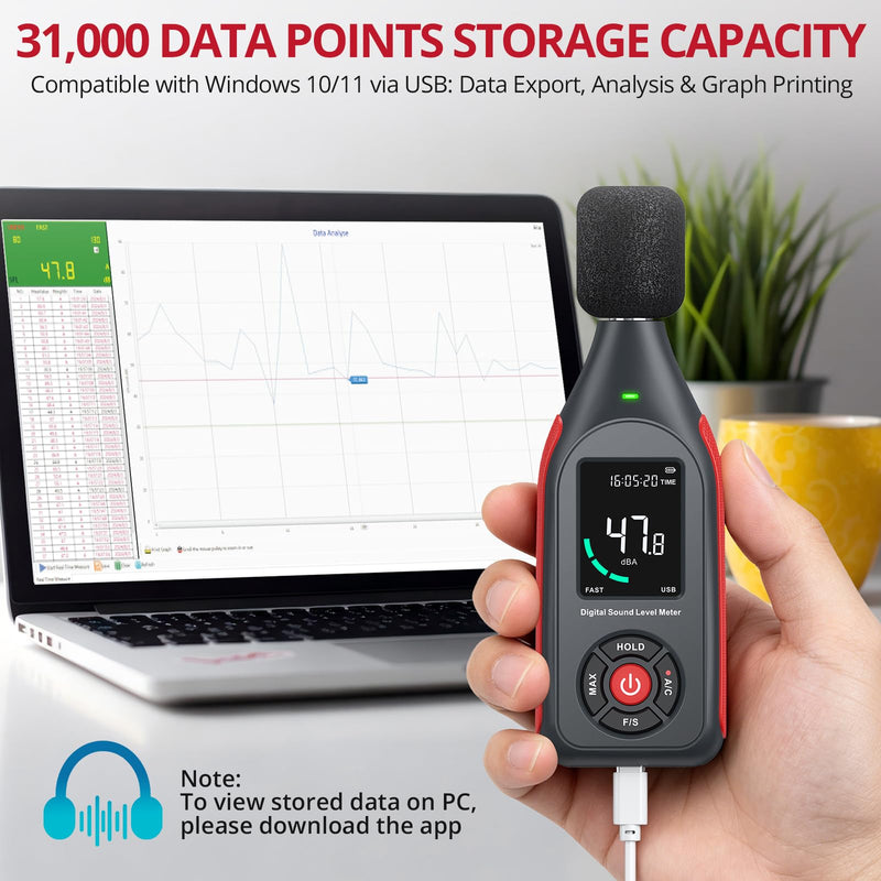 BINTA Decibel Meter Sound Level Meter 30dB to 130dB | With data acquisition and graphic printing, 43,000 data sets, A/C weighted, MAX, 3-colour alarm for DIY shops
