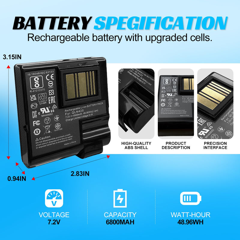 Replacement Battery for Zebra QLn420 ZQ630 Thermal Barcode Label Printer P1050667-016 BTRY-MPP-68MA1-01 P1040687 P1089760-002, etc.