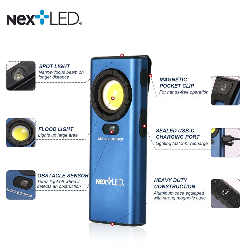[Australia - AusPower] - NextLED NT-6685 Pro LED Rechargeable Work Light, 1200 Lumen HVAC Flashlight w/Obstacle Sensor, Magnetic Work Light w/Hanging Hook, IPX7 Waterproof, Aluminum Case, for Job Site, Car Repair, Emergency 