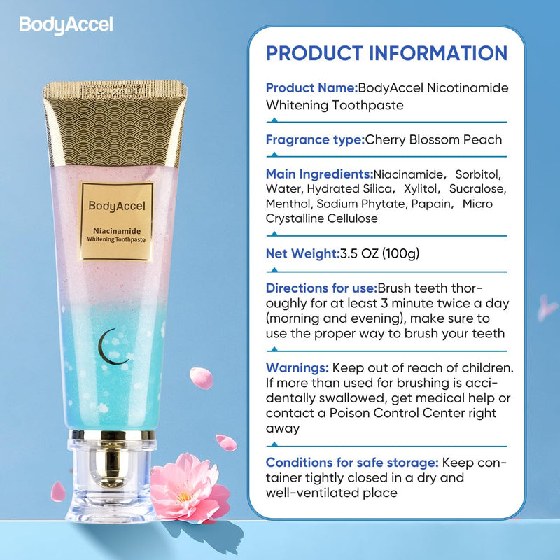 [Australia - AusPower] - Niacinamide Whitening Toothpaste, BodyAccel Niacinamide Intensive Whitening Toothpaste with Natural Gentle Care Deep Stain Removal Clean Peach Flavor, Improves Gum Health, Fresh Breath (1) 1 