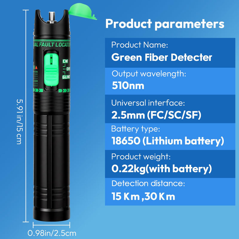 [Australia - AusPower] - Fiber Tester 30Km Visual Fault Locator FC/SC/ST Universal Interface with USB Type-C Cable & FC-LC Adapter (Green/510nm Wavelength) 