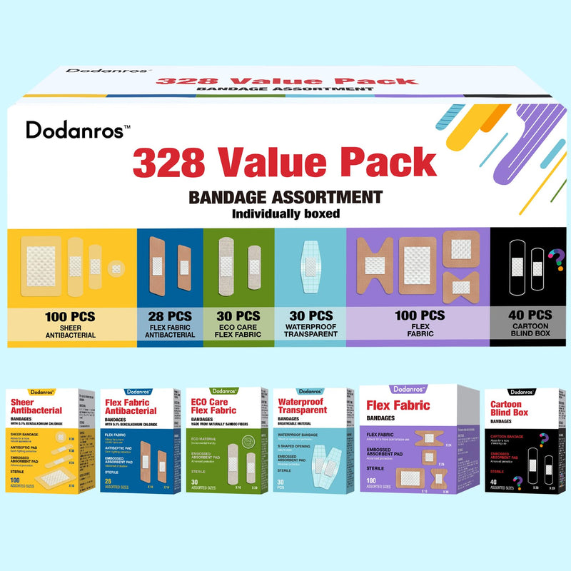 [Australia - AusPower] - Variety Bandages Pack,328ct Assorted Bulk Various Sizes, Shapes &Features | Sheer & Flex Fabric with Benzalkonium, ECO Bamboo Fabric, Waterproof, Cartoon Blind Box Fragrance Bandages 
