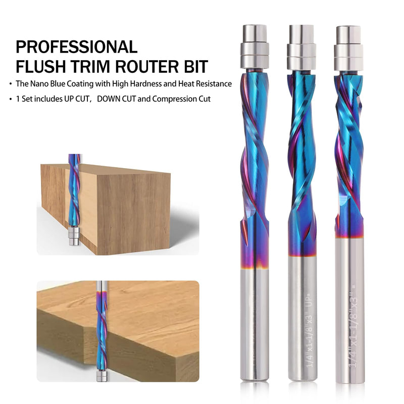 [Australia - AusPower] - 3PCS Spiral Flush Trim Router Bit Set ,1/4 Inch Shank , with Nano Coated ,for Wood Trimming,Set of 1pcs Up Down Compression Router Bit+ 1pcs Downcut Bits+1pcs Up Cut Bits 3 Up Cut +Down Cut + Compression Cut 