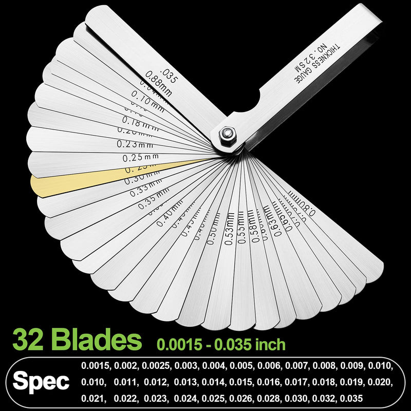 [Australia - AusPower] - Universal Feeler Gauge Set Stainless Steel Thickness Gauge 32 Blades 0.04-0.88 mm (0.0015-0.035 Inch) Metric/Imperial for Measuring Gap Width and Thickness for Guitar, Spark Plug, Piston Measure 
