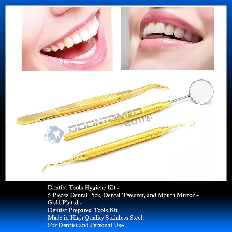 [Australia - AusPower] - OdontoMed2011 3 Pieces Basic Dental Instruments Set Mirror Explorer C. PLIER Hollow Handle Gold Plated Stainless Steel GLD-03 